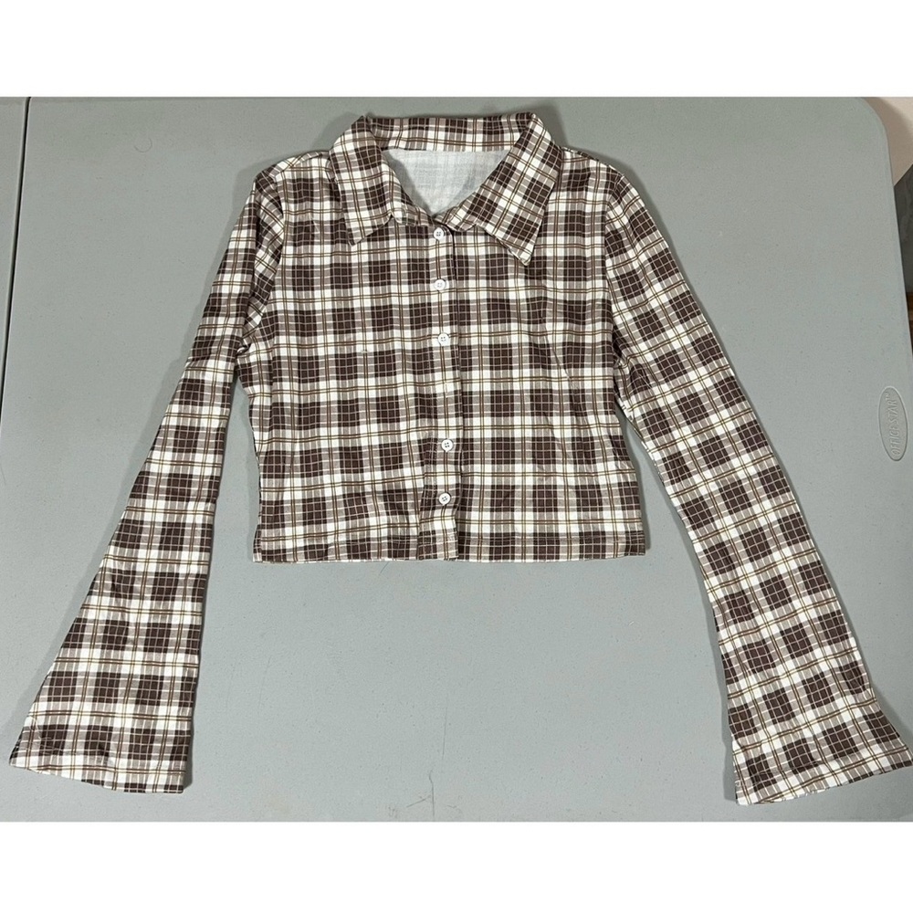 Brown Plaid Checkered Collared Button-Down Long S… - image 1